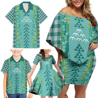 Teal Palaka Hawaii Iwa Bird Family Matching Off Shoulder Short Dress and Hawaiian Shirt Hawaiian Kakau Jade Vine Lei - Polynesian Pride