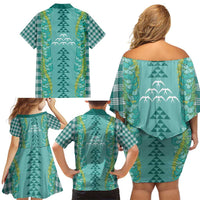 Teal Palaka Hawaii Iwa Bird Family Matching Off Shoulder Short Dress and Hawaiian Shirt Hawaiian Kakau Jade Vine Lei LT14 - Polynesian Pride