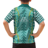 Teal Palaka Hawaii Iwa Bird Family Matching Summer Maxi Dress and Hawaiian Shirt Hawaiian Kakau Jade Vine Lei LT14 - Polynesian Pride