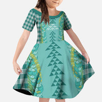 Teal Palaka Hawaii Iwa Bird Family Matching Summer Maxi Dress and Hawaiian Shirt Hawaiian Kakau Jade Vine Lei LT14 Daughter's Dress Teal - Polynesian Pride
