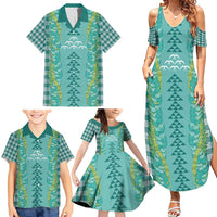 Teal Palaka Hawaii Iwa Bird Family Matching Summer Maxi Dress and Hawaiian Shirt Hawaiian Kakau Jade Vine Lei LT14 - Polynesian Pride