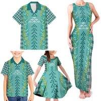 Teal Palaka Hawaii Iwa Bird Family Matching Tank Maxi Dress and Hawaiian Shirt Hawaiian Kakau Jade Vine Lei - Polynesian Pride