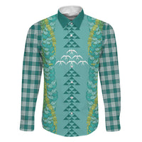 Teal Palaka Hawaii Iwa Bird Family Matching Tank Maxi Dress and Hawaiian Shirt Hawaiian Kakau Jade Vine Lei LT14 Dad's Shirt - Long Sleeve Teal - Polynesian Pride