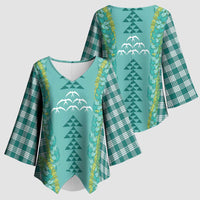 Teal Palaka Hawaii Iwa Bird Kimono Sleeve Blouse Hawaiian Kakau Jade Vine Lei - Polynesian Pride