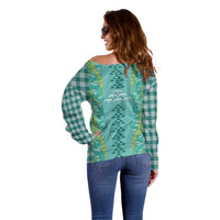 Teal Palaka Hawaii Iwa Bird Off Shoulder Sweater Hawaiian Kakau Jade Vine Lei - Polynesian Pride