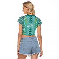 Teal Palaka Hawaii Iwa Bird Raglan Cropped T Shirt Hawaiian Kakau Jade Vine Lei - Polynesian Pride