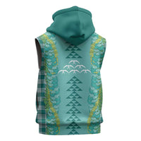 Teal Palaka Hawaii Iwa Bird Sleeveless Hoodie Hawaiian Kakau Jade Vine Lei - Polynesian Pride