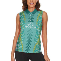 Teal Palaka Hawaii Iwa Bird Women Sleeveless Polo Shirt Hawaiian Kakau Jade Vine Lei - Polynesian Pride