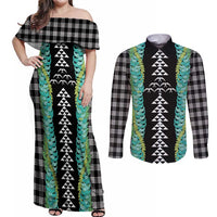 Black Palaka Hawaii Iwa Bird Couples Matching Off Shoulder Maxi Dress and Long Sleeve Button Shirt Hawaiian Kakau Jade Vine Lei LT14 Black - Polynesian Pride