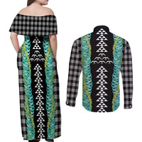 Black Palaka Hawaii Iwa Bird Couples Matching Off Shoulder Maxi Dress and Long Sleeve Button Shirt Hawaiian Kakau Jade Vine Lei LT14 - Polynesian Pride