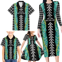 Black Palaka Hawaii Iwa Bird Family Matching Long Sleeve Bodycon Dress and Hawaiian Shirt Hawaiian Kakau Jade Vine Lei LT14 - Polynesian Pride