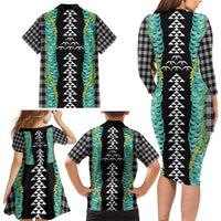Black Palaka Hawaii Iwa Bird Family Matching Long Sleeve Bodycon Dress and Hawaiian Shirt Hawaiian Kakau Jade Vine Lei - Polynesian Pride