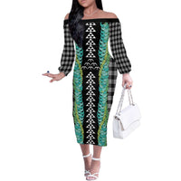 Black Palaka Hawaii Iwa Bird Family Matching Off The Shoulder Long Sleeve Dress and Hawaiian Shirt Hawaiian Kakau Jade Vine Lei - Polynesian Pride