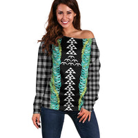 Black Palaka Hawaii Iwa Bird Off Shoulder Sweater Hawaiian Kakau Jade Vine Lei - Polynesian Pride