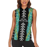 Black Palaka Hawaii Iwa Bird Women Sleeveless Polo Shirt Hawaiian Kakau Jade Vine Lei - Polynesian Pride