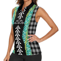 Black Palaka Hawaii Iwa Bird Women Sleeveless Polo Shirt Hawaiian Kakau Jade Vine Lei - Polynesian Pride