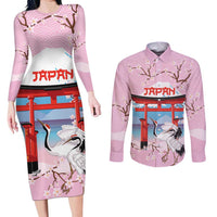 Japanese Torii Gate Cranes Personalised Couples Matching Long Sleeve Bodycon Dress and Long Sleeve Button Shirt Fuji Mount Sakura Seigaiha Pattern LT14 Pink - Polynesian Pride