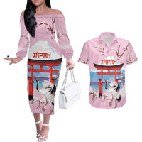 Japanese Torii Gate Cranes Personalised Couples Matching Off The Shoulder Long Sleeve Dress and Hawaiian Shirt Fuji Mount Sakura Seigaiha Pattern LT14 Pink - Polynesian Pride
