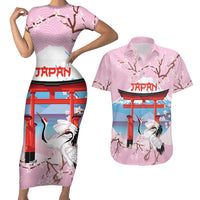 Japanese Torii Gate Cranes Personalised Couples Matching Short Sleeve Bodycon Dress and Hawaiian Shirt Fuji Mount Sakura Seigaiha Pattern LT14 Pink - Polynesian Pride