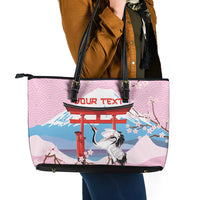 Japanese Torii Gate Cranes Personalised Leather Tote Bag Fuji Mount Sakura Seigaiha Pattern