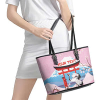 Japanese Torii Gate Cranes Personalised Leather Tote Bag Fuji Mount Sakura Seigaiha Pattern