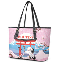 Japanese Torii Gate Cranes Personalised Leather Tote Bag Fuji Mount Sakura Seigaiha Pattern