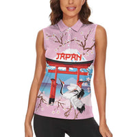 Japanese Torii Gate Cranes Personalised Women Sleeveless Polo Shirt Fuji Mount Sakura Seigaiha Pattern