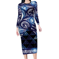 Matariki New Zealand Family Matching Long Sleeve Bodycon Dress and Hawaiian Shirt NZ Niho Taniwha Maori New Year Blue Galaxy LT14 Mom's Dress Blue - Polynesian Pride