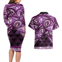 Matariki New Zealand Couples Matching Long Sleeve Bodycon Dress and Hawaiian Shirt NZ Niho Taniwha Maori New Year Purple Galaxy LT14 - Polynesian Pride