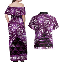 Matariki New Zealand Couples Matching Off Shoulder Maxi Dress and Hawaiian Shirt NZ Niho Taniwha Maori New Year Purple Galaxy