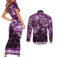 Matariki New Zealand Couples Matching Short Sleeve Bodycon Dress and Long Sleeve Button Shirt NZ Niho Taniwha Maori New Year Purple Galaxy