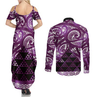 Matariki New Zealand Couples Matching Summer Maxi Dress and Long Sleeve Button Shirt NZ Niho Taniwha Maori New Year Purple Galaxy