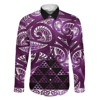 Matariki New Zealand Family Matching Off Shoulder Short Dress and Hawaiian Shirt NZ Niho Taniwha Maori New Year Purple Galaxy LT14 Dad's Shirt - Long Sleeve Purple - Polynesian Pride