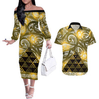Matariki New Zealand Couples Matching Off The Shoulder Long Sleeve Dress and Hawaiian Shirt NZ Niho Taniwha Maori New Year Yellow Galaxy LT14 Yellow - Polynesian Pride