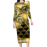 Matariki New Zealand Long Sleeve Bodycon Dress NZ Niho Taniwha Maori New Year Yellow Galaxy LT14 Long Dress Yellow - Polynesian Pride