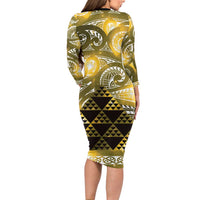 Matariki New Zealand Long Sleeve Bodycon Dress NZ Niho Taniwha Maori New Year Yellow Galaxy LT14 - Polynesian Pride