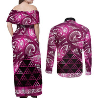 Matariki New Zealand Couples Matching Off Shoulder Maxi Dress and Long Sleeve Button Shirt NZ Niho Taniwha Maori New Year Pink Galaxy LT14 - Polynesian Pride