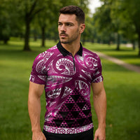 Matariki New Zealand Zipper Polo Shirt NZ Niho Taniwha Maori New Year Pink Galaxy LT14 - Polynesian Pride