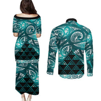 Matariki New Zealand Couples Matching Puletasi and Long Sleeve Button Shirt NZ Niho Taniwha Maori New Year Cyan Galaxy LT14 - Polynesian Pride