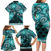 Matariki New Zealand Family Matching Long Sleeve Bodycon Dress and Hawaiian Shirt NZ Niho Taniwha Maori New Year Cyan Galaxy LT14 - Polynesian Pride