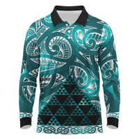 Matariki New Zealand Long Sleeve Polo Shirt NZ Niho Taniwha Maori New Year Cyan Galaxy LT14 Cyan - Polynesian Pride