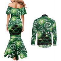 Matariki New Zealand Couples Matching Mermaid Dress and Long Sleeve Button Shirt NZ Niho Taniwha Maori New Year Green Galaxy