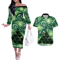 Matariki New Zealand Couples Matching Off The Shoulder Long Sleeve Dress and Hawaiian Shirt NZ Niho Taniwha Maori New Year Green Galaxy LT14 Green - Polynesian Pride