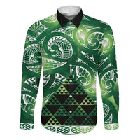 Matariki New Zealand Family Matching Off The Shoulder Long Sleeve Dress and Hawaiian Shirt NZ Niho Taniwha Maori New Year Green Galaxy LT14 Dad's Shirt - Long Sleeve Green - Polynesian Pride