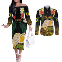 Vanuatu Triton's Trumpet Couples Matching Off The Shoulder Long Sleeve Dress and Long Sleeve Button Shirt Tropical Flowers Vanuatuan Map LT14 Black - Polynesian Pride