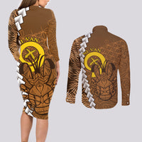 Vanuatu Coconut Crab Couples Matching Long Sleeve Bodycon Dress and Long Sleeve Button Shirt Ni-Van Tropical Leaves With Sand Drawing Art LT14 - Polynesian Pride