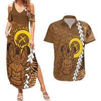 Vanuatu Coconut Crab Couples Matching Summer Maxi Dress and Hawaiian Shirt Ni-Van Tropical Leaves With Sand Drawing Art