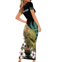 Personalised New Zealand Kakapo Short Sleeve Bodycon Dress Aotearoa Fern With Manuka