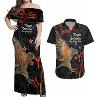 Personalised New Zealand Kea Couples Matching Off Shoulder Maxi Dress and Hawaiian Shirt Nestor Notabilis With Harakeke Maori Pattern LT14 Black - Polynesian Pride