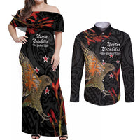 Personalised New Zealand Kea Couples Matching Off Shoulder Maxi Dress and Long Sleeve Button Shirt Nestor Notabilis With Harakeke Maori Pattern LT14 Black - Polynesian Pride